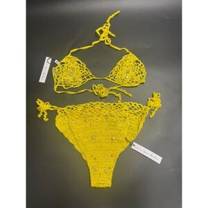 Monica Hansen New Crochet Rhinestone Bikini Set Yellow‎ Size Large